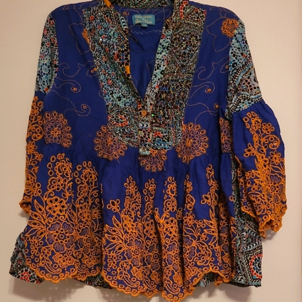 Antica Santoria Bohemian Style Blue with Orange Embroidered Blouse Sz L/XL